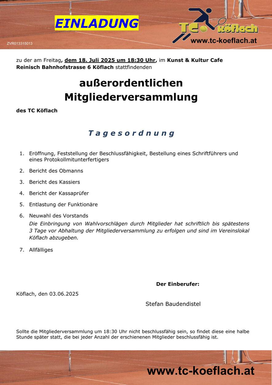 ACHTUNG !!! Mitgliederversammlung im K&K Cafe Bahnhofstraße 6 Köflach